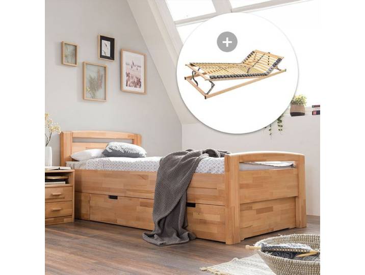 HOMELIV. Seniorenbett Luise Komfort Kernbuche Massivholz mit Schubkasten 120x200cm Mit Kopfteil