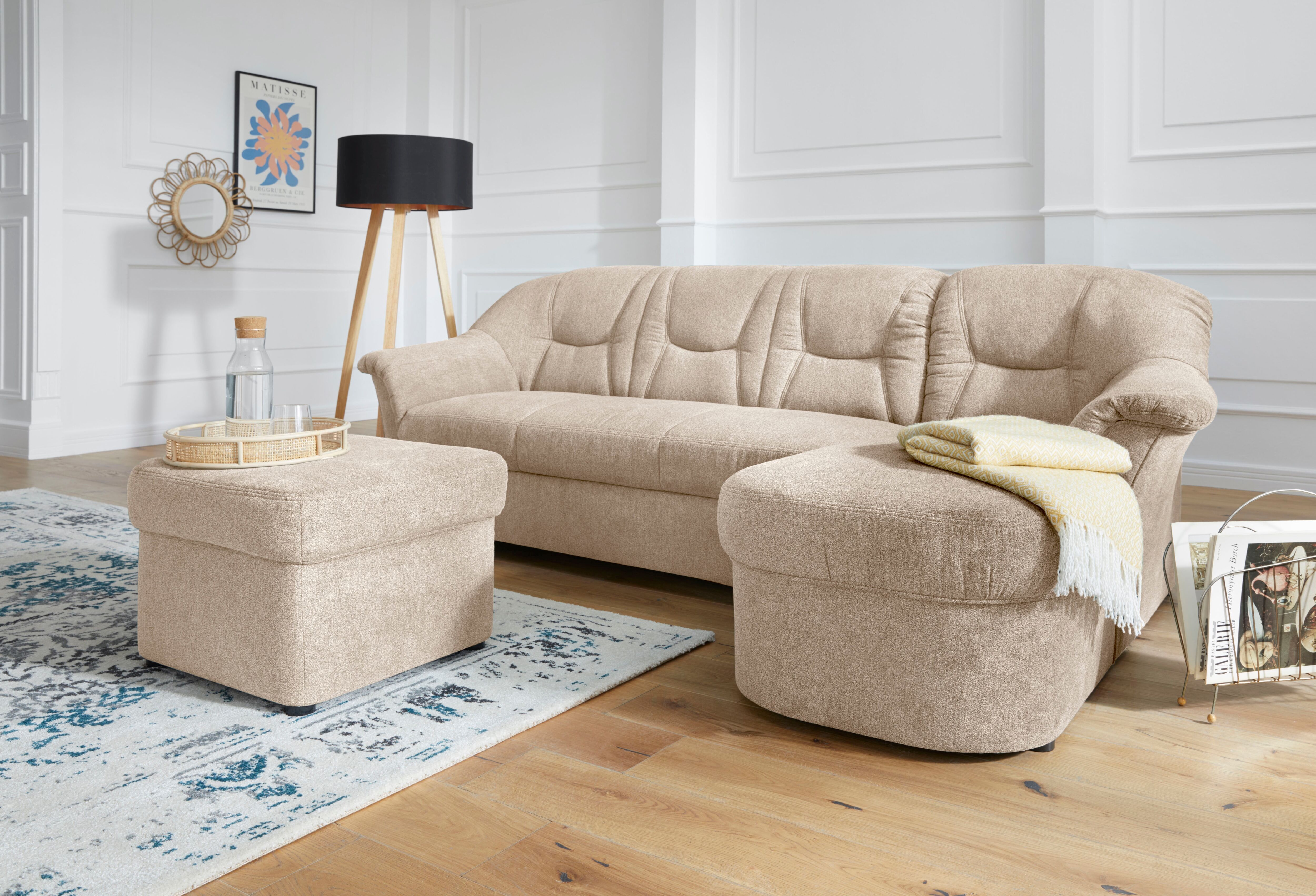 Ecksofa DOMO COLLECTION "SARAFINA 232x146 cm, auch mit Federkern für noch mehr Sitzkomfort", beige, B:232cm H:83cm T:146cm, Luxus-Microfaser (92% Polyester, 8% Nylon);Microfaser PRIMABELLE (100% Polyester);Microfaser PRIMABELLE (100% Polyester) / Struktur