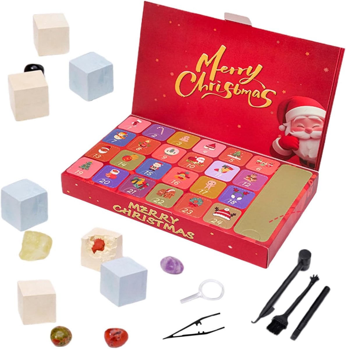 Kerst Countdown Kalender met 24 stenen ontdekkingen en feestelijke decoratie, Multicolor, 30 cm