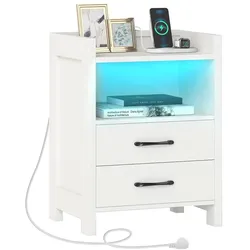 COSTWAY Nachttisch mit LEDs & Ladestation, 2 Schubladen, offenen Fächern & Fernbedienung, 45x35x60 cm, Weiß
