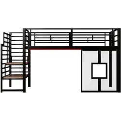 STILVORA Hochbettgestell aus Metall/MDF, Schwarz, 90x200 cm, gewerblich geeignet, mit Treppe, Stauraum und LED