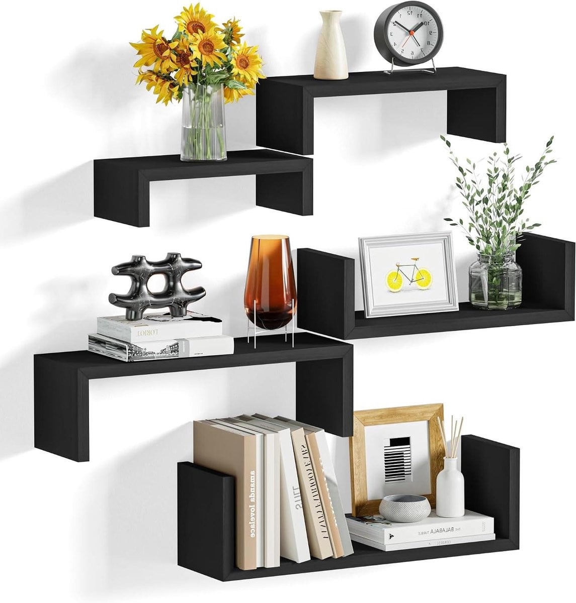 Set van 5 zwarte houten wandplanken voor flexibele decoratie en opslag