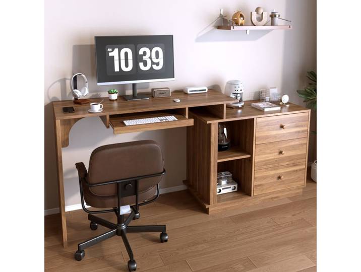 Bureau informatique extensible - Plateau extensible 110 cm - Tiroir à clavier dissimulé - Armoire de rangement intégrée