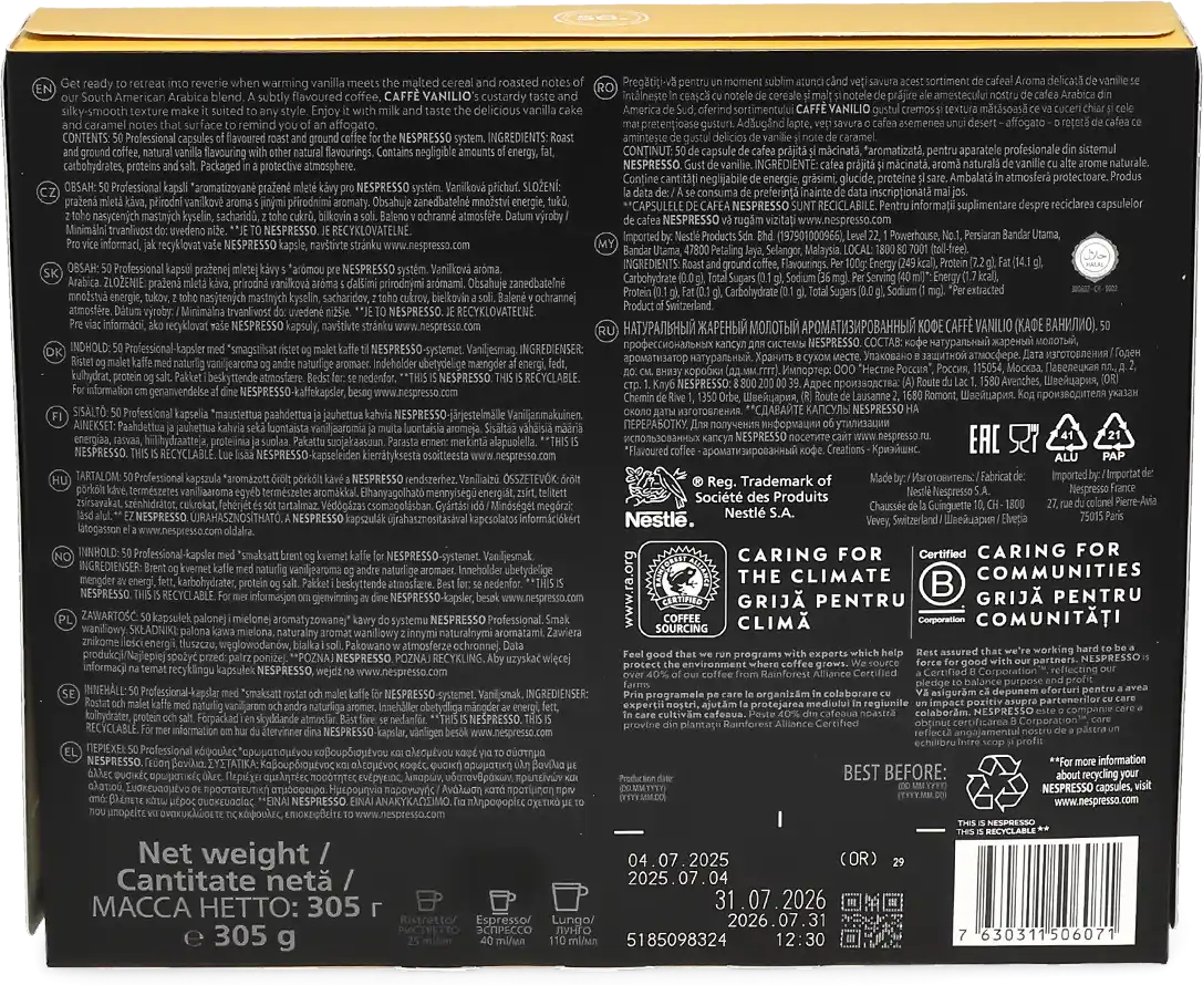 Café vanille - 50 Capsules de café pour Nespresso® Pro - Espresso - Café Vanille