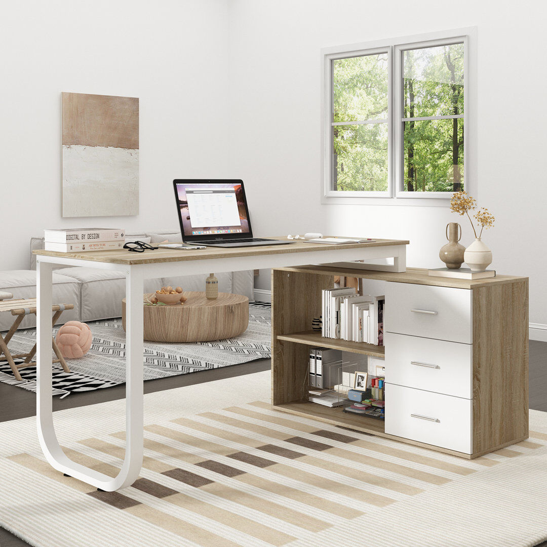 Latitude Run Akirah L-Shaped Iron Writing Desk Natural/White