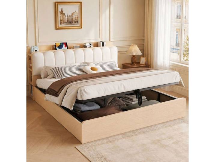 Lit Coffre - WESTYLE - Lit Coffre Tapissé - 180x200 cm - Tête velours beige rembourrée - Coffre & rangements - Ports USB