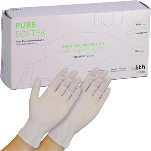 Ulith Einmalhandschuhe Pure Softer, transparent, 100 Stück, Vinyl, chemikalienbeständig, lebensmittelecht, Größe XL