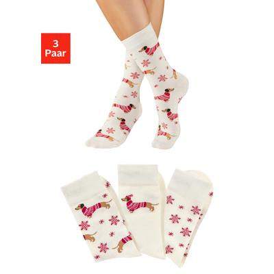 Socken LASCANA, Damen, Gr. 39-42, beige (3x ecru gemustert), Baumwollmischung, gemustert, elastisch, Socken Socken, mit weihnachtlichem Dackelmotiv