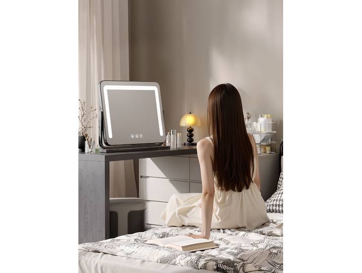 Miroir de maquillage avec éclairage, miroir intelligent rotatif LED de table, grand miroir de vanité avec lumières pour la maison
