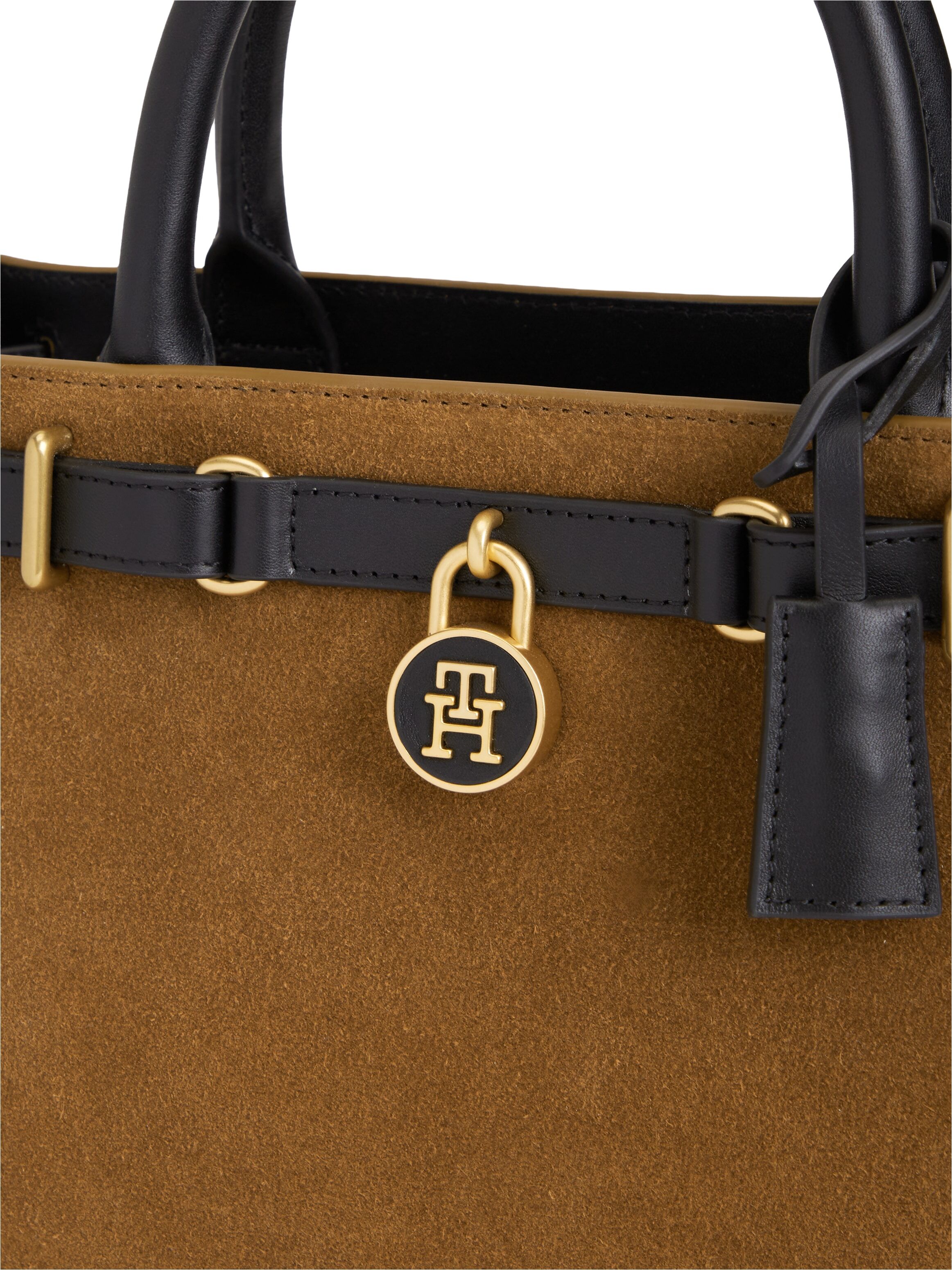 Handtasche TOMMY HILFIGER "AMERICAN ICON MINI TOTE SUEDE LE", Damen, Gr. B/H/T: 28cm x 18cm x 14cm, braun (cognac), Nappaleder, Veloursleder, Taschen Handtasche, Damen Schultertasche, Umhängetasche mit TH-Schloss-Schmuckanhgänger cognac B/H/T: 28cm x 18cm