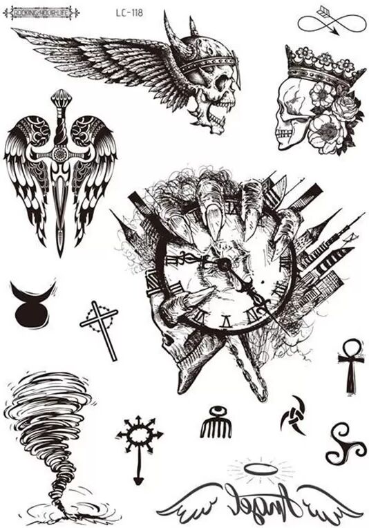 INF Ma Long Tattoo-Aufkleber   Temporäre Tattoos   5er-Pack Totenkopf, Hurrikan, Geisterhand