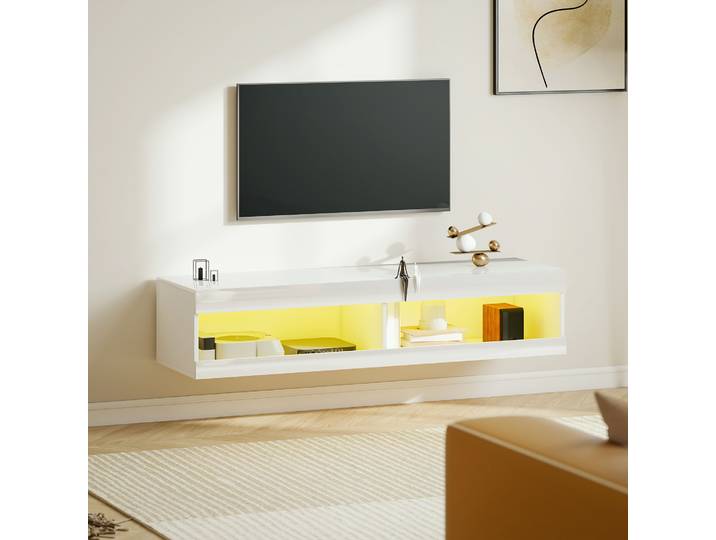 HOMCOM Meuble TV Suspendu LED Blanc Brillant 140x40x30 cm