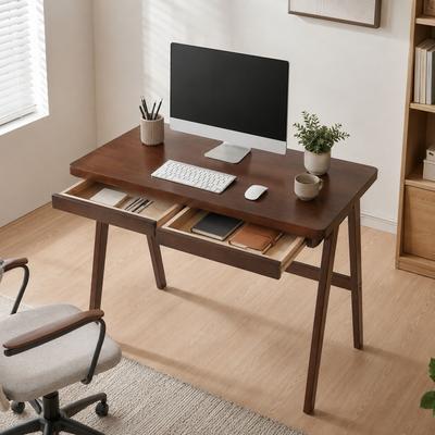 Fundinbaths "39.37"" Solid Rubber Wood Writing Desk with Drawer, Walnut Finish and A-Frame Legs"