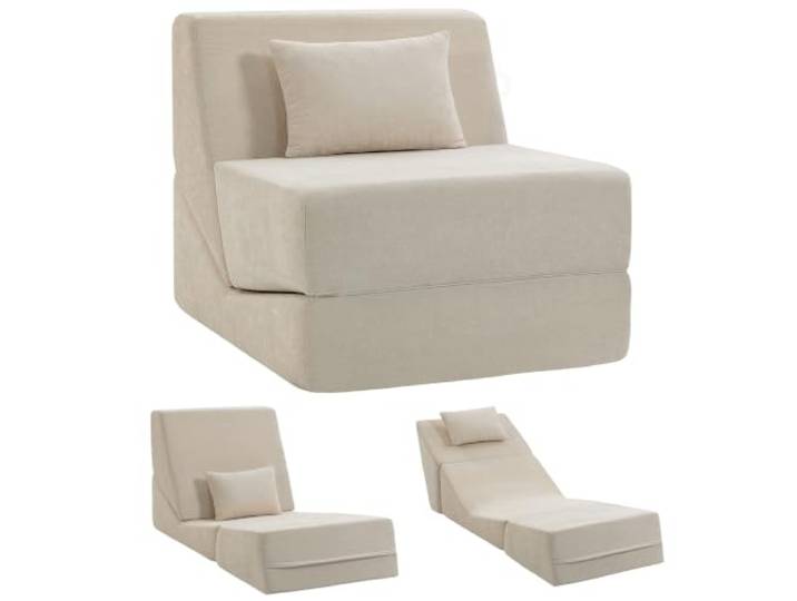 HOMCOM 3-in-1 Klapp-Schlafsessel mit Rückenstütze und Kissen, ohne Montage Wandelbarer Chenille-Schlafsessel, tragbare Bodenliege für Wohnzimmer, Schlafzimmer, Büro und Apartment, Beige