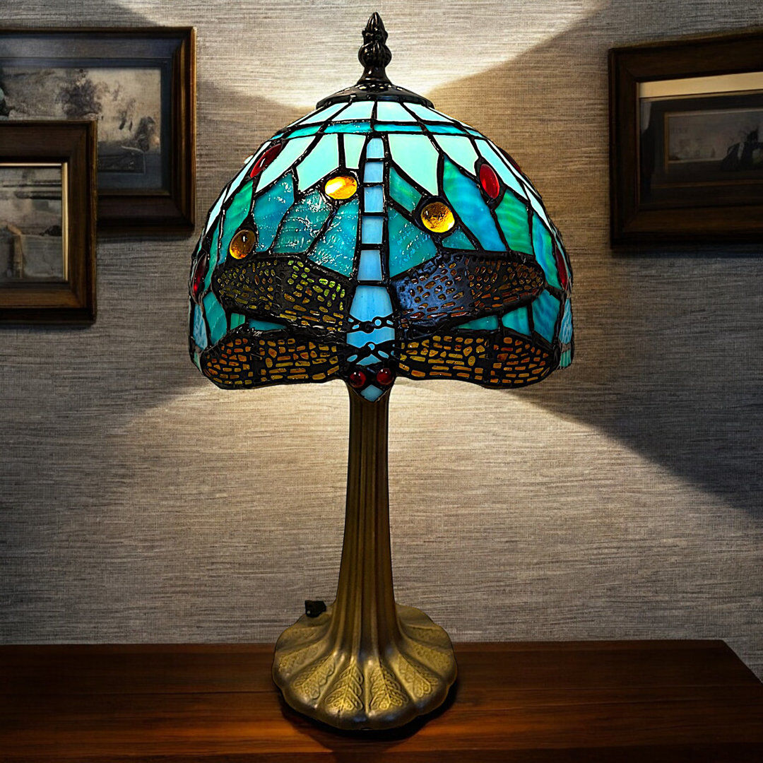 Astoria Grand Classic Tiffany Style Table Lamp, 20cm Stained Glass Dragonfly Shade, 37cm Height, (Aqua Blue) Brown 37cm H X 20cm W X 20cm D