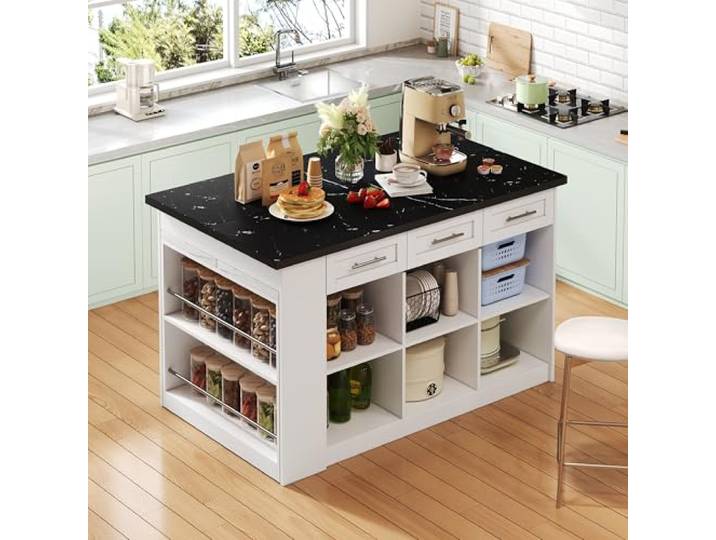 Multifunktionale Kücheninsel mit 150cm+96cm, weißer ausziehbarer Esstisch, schwarz/weiß marmorierte Holzarbeitsplatte/Tisch, integrierte Stauschränke, ideal für Familienküchen, Potluck Dinners