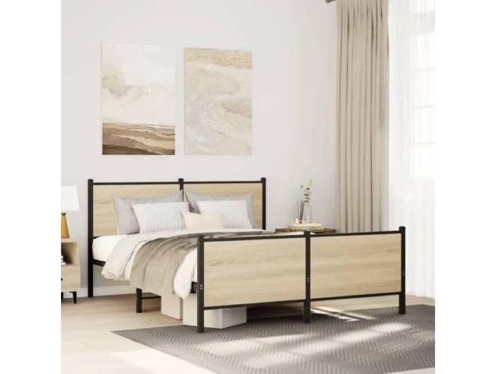 Stabiles Stahlbettgestell mit Lattenrost Elegantes zeitloses Design 137x190 Metallbett ohne Matratze Sonoma-Eiche 137x190 cm Stabiler Bettrahmen mit Kopfteil und Stauraum für Schlafzimmer Gästebett