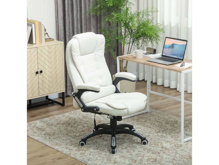 Chaise Bureau Massante Chauffante en Tissu Effet Lin Crème Fauteuil Ergonomique Inclinable avec Télécommande