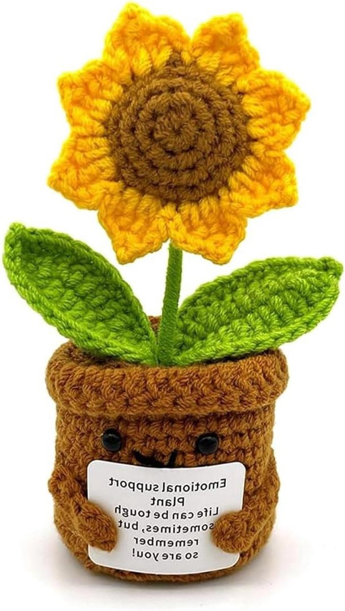Handgemaakte Gele Gebreide Zonnebloem Positieve Pop voor Bureau Decoratie - Hoogte: 14 cm