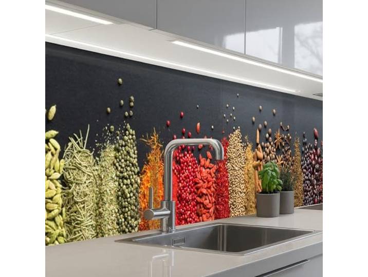KitchenYeah© Küchenrückwand Selbstklebende Kitchen Wall Protector Küchen 80x500 cm - Rückenwand Küchenfronten Küchenrückwände Küche Wand Gewürze - Kräuter - Streifen - Regenbogen