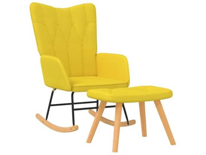 Schaukelstuhl mit Fußablage Senfgewebe Stahlrahmen Holzlammen 7 Polsterknöpfe, Nähte, Schwammfüllung, stabile Kufen, modernes Design