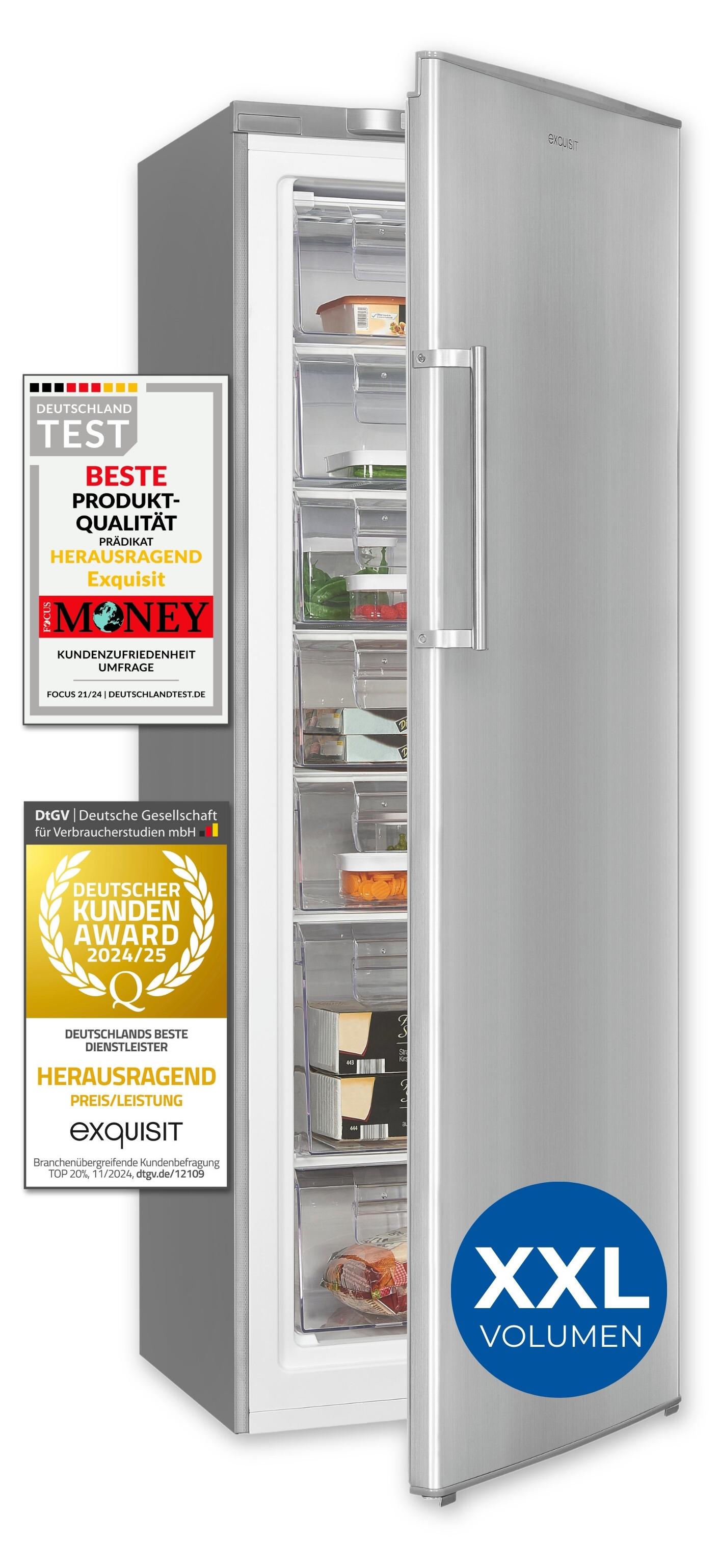 Exquisit Gefrierschrank GS280-HE-040D inoxlook | Nutzinhalt: 242 L | 4*-Gefrieren | Alarm-Funktion | Schnellgefrieren | Standgerät