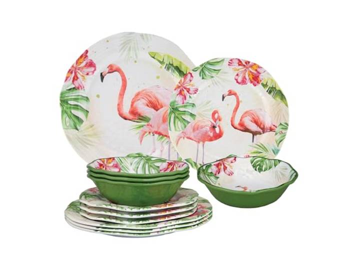 UP ware 12-teiliges Flamingo-Geschirrset, Melamin-Geschirr-Set, Teller und Schüsseln, Service für 4 Personen, mehrfarbig