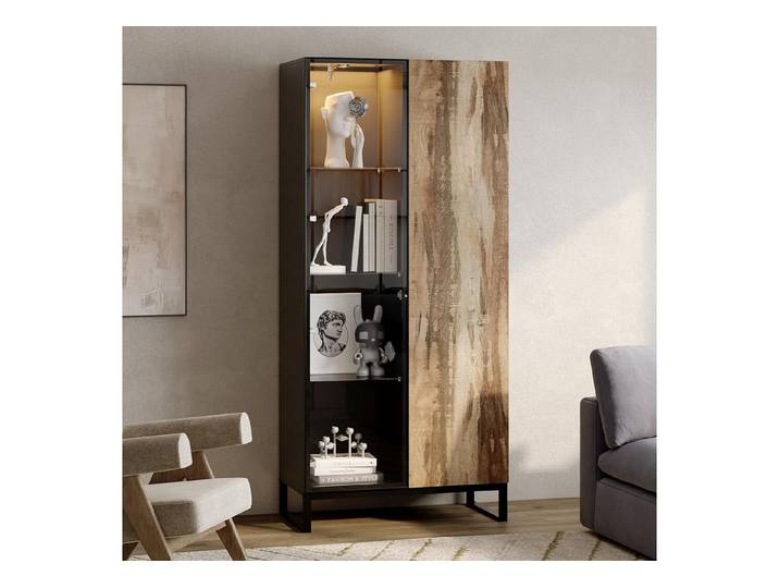 FUFU&GAGA Glasvitrine LED Sammlervitrine 175-200cm hoch, Push-to-Open, Weiß/Schwarz