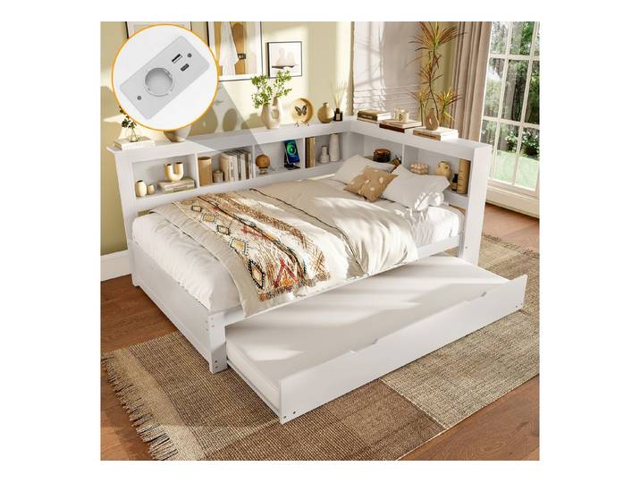Flieks Kinderbett, Kinderbett 140x200cm mit Ausziehbett 90x190cm, Stauraum, Ladefunktion