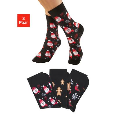 Basicsocken H.I.S "Damen Weihnachtssocken", Damen, Gr. 39-42, schwarz (3x schwarz gemustert), Baumwollmischung, gemustert, elastisch, Socken, mit lustigen Weihnachtsmotiven