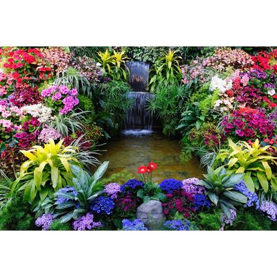 Fototapete PAPERMOON "BLUMEN LAGUNE WASSERFALL", bunt, B:4m L:2,6m, Vlies, Tapeten
