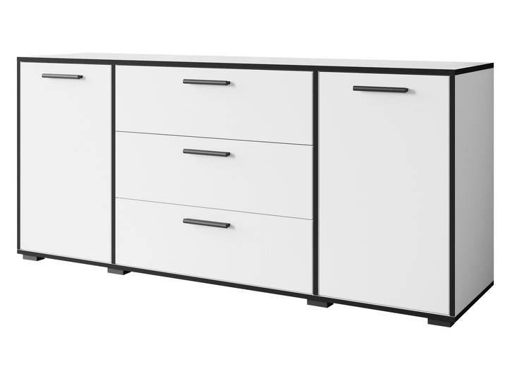 Commode moderne de 150 cm\, idéale pour le salon\, avec 3 tiroirs et 2 placards\, finition blanche mate