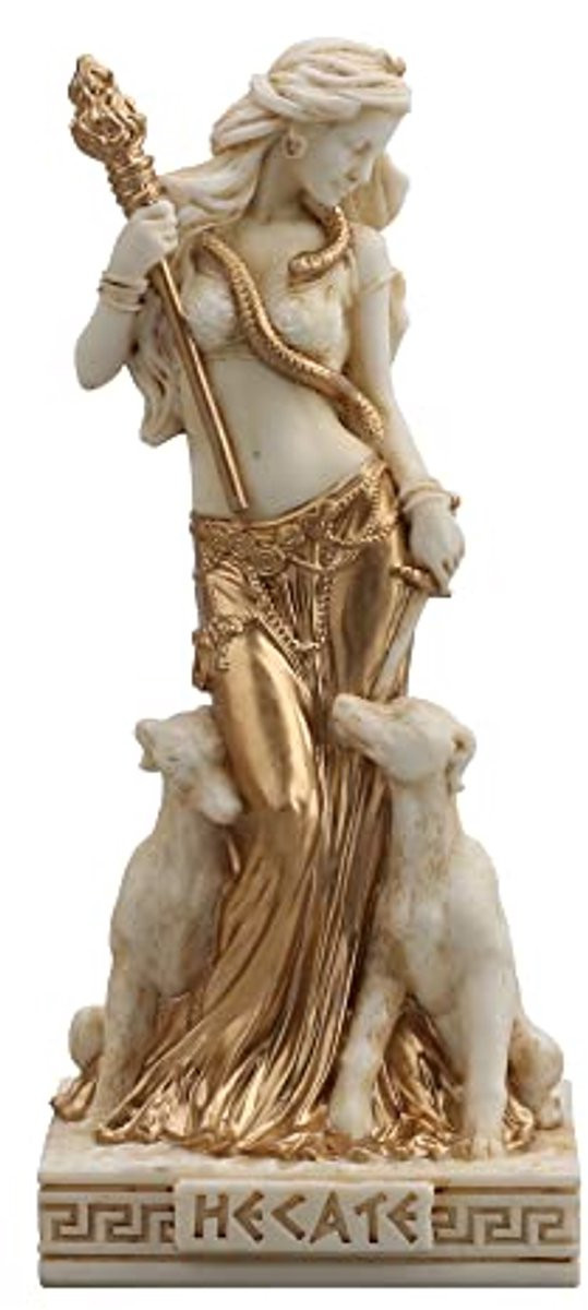 Miniatuur beeldje van de Griekse godin Hecate met gouden afwerking voor op tafel