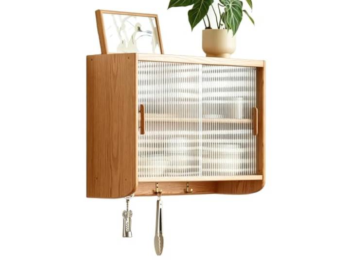 LXRHLIKG Hängeschrank Küche, Glasschiebetür, 3 Haken, Wandschrank Küche Eichenholz, Rückwand aus Paulownia-Holz, 3-fach Verstellbarer Einlegeboden, für Küche, Balkon, Flur oder Wohnzimmer