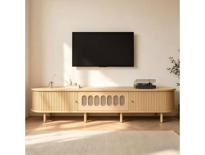 Meuble TV - SOGEU - 180 x 40 x 40 cm - aspect bois clair - porte abattante effet rotin - 5 compartiments