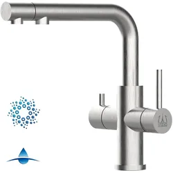 4 Wege Wasserhahn Küchenarmatur, Edelstahl Massiv mit schwenkbarem L-Auslauf und herausziehbarer Brause, Gebürstet