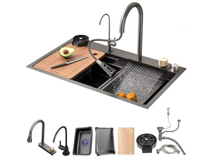ASKLFNEI Drop In Wasserfall Küchenspüle, Einzelne Schüssel Bauernhaus Spüle, Edelstahl Küchenbar Spüle, Multifunktionale Workstation Spüle, Mit Cup Rinser, Abfluss Zubehör(A,80x45x21cm)