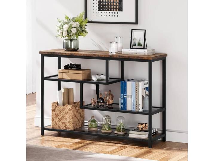 Console industrielle grise plateau bois et étagères verre trempé cadre métal robuste rangement salon couloir entrée