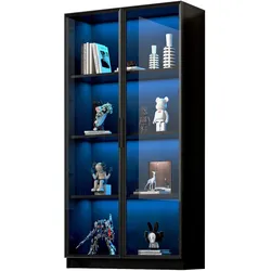 LED Vitrine Mit App Steuerung Glastüren Aluminiumrahmen Aufbewahrungsschrank Regal Hochglanz Modern Wohnzimmer 80x40x160cm Schwarz