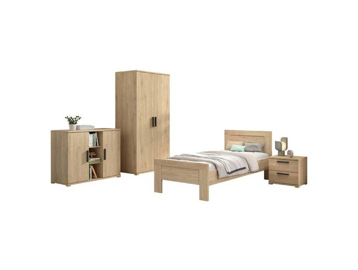 MARCO - Chambre Enfant Complète Lit 90x200cm Chevet Armoire 2P et Commode Aspect Chêne