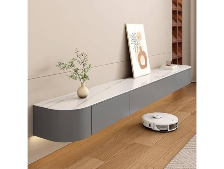 Schwimmender TV-Ständer, wandmontierter TV-Schrank, schwebende Regale Mit Tür Wohnzimmer Runder Eckständer Grau lowboard