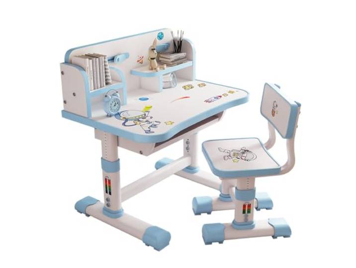 Fiauli Kinderschreibtisch-Stuhl-Set, höhenverstellbar mit Schublade Langlebige MDF-Platte und Metallrahmen, ergonomisches Design für Kinder, ideal für das Home-Schooling Blau 1