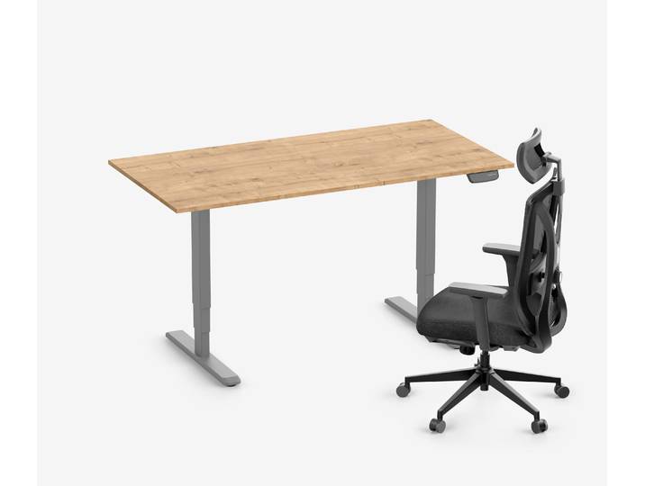 PRIMUS Schreibtisch + Stuhl VITA MESH Grau Hoch, Sitzhöhe 52 - 64 cm 160x80 Eiche