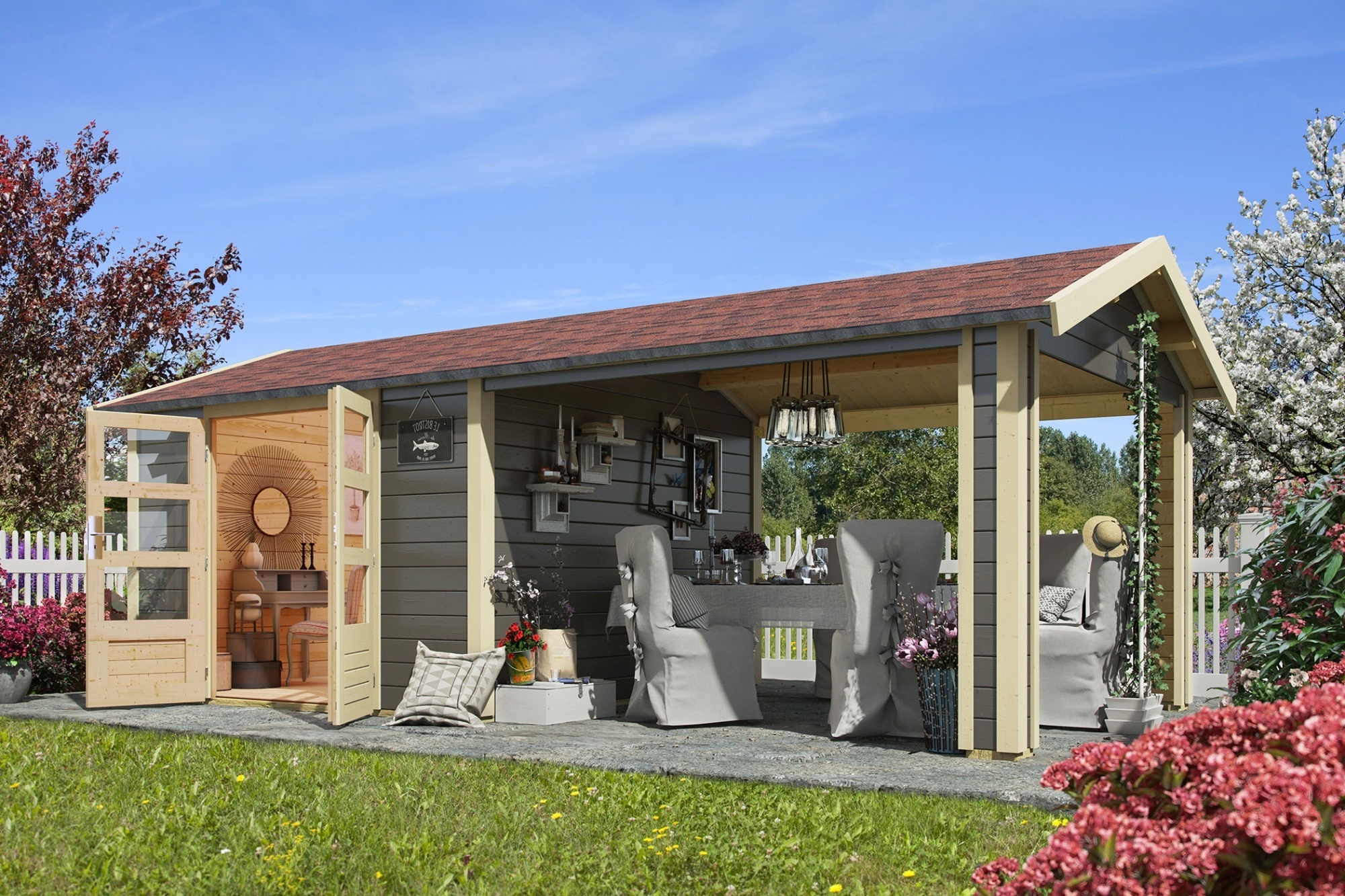 Karibu Gartenhaus Gerätehaus Theres 7 im Set mit 1 Dachausbauelement terragrau 600x304x250 cm
