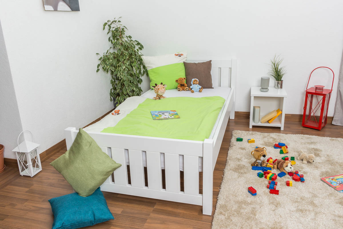 Kinderbett / Jugendbett Kiefer massiv Vollholz weiß lackiert 66, inkl. Lattenrost - Abmessung 100 x 200 cm