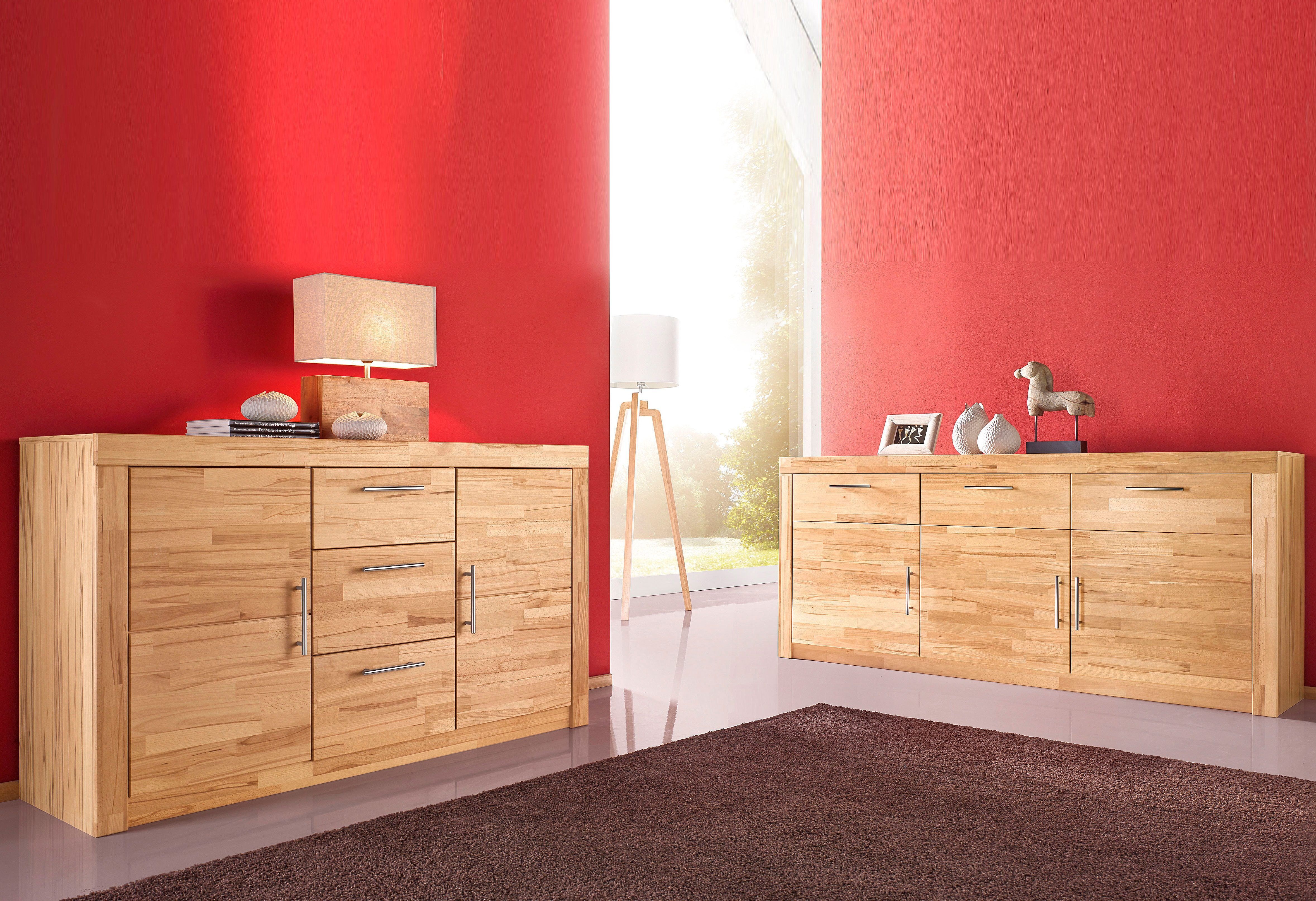 Sideboard VOGL MÖBELFABRIK "Toronto", beige (kernbuche teilmassiv, 3 schubladen), B:182cm H:82cm T:42cm, Holz teilmassiv, Melamin, Sideboards, Sideboard kernbuche teilmassiv, 3 schubladen B/H/T: 182cm x 82cm x 42cm