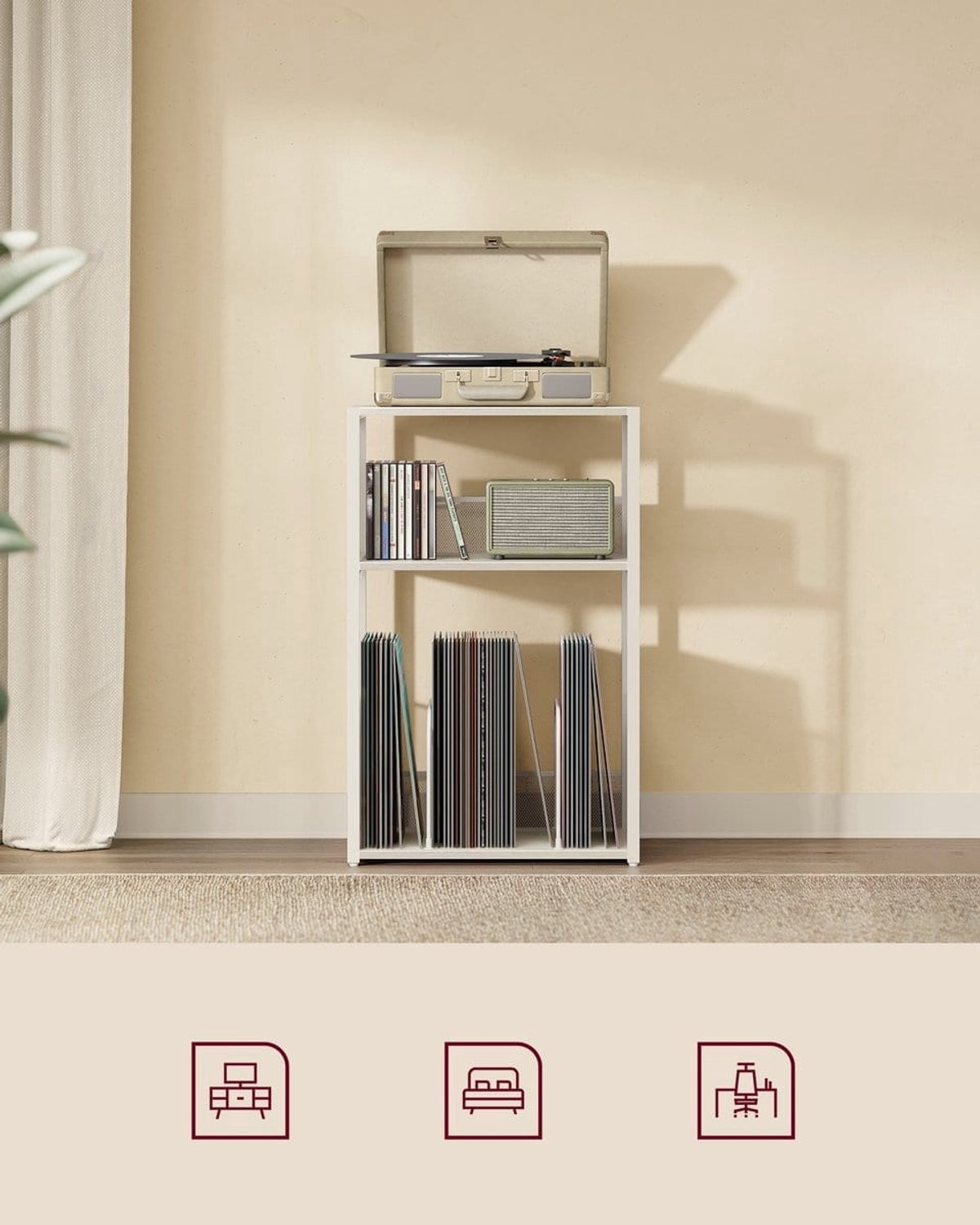 Klarven Bijzettafel Vintage Wit - Platenspelerstandaard met 3 Lagen en Opslag voor 100 Albums