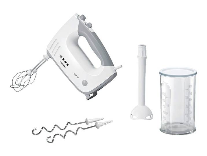 BOSCH Handmixer ErgoMixx MFQ36440, Edelst. Rührbesen/Knethaken, 5 Stufen, Mixfuß, weiß , grau (weiß, grau), B:20cm H:15,5cm T:7,5cm, Mixer, Mixbecher, ergonom. Soft-Touch-Griff, Made in Europe, Handmixer