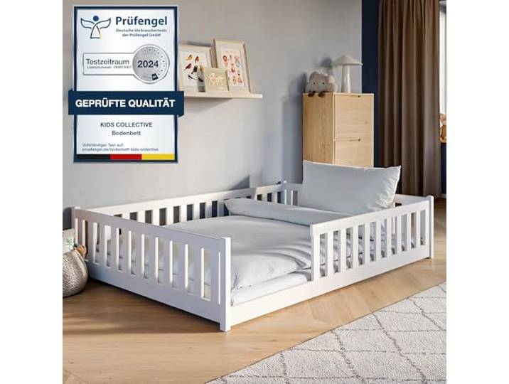 Kids Collective Montessori-Bodenbett 140x200 cm, Weiß, mit Matratze Rausfallschutz, Lattenrost inklusive, für Kinder und Jugendliche