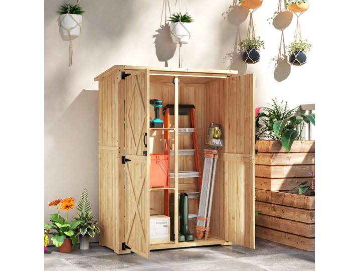 Outsunny Abri de Jardin Bois Brun Clair Toit Asphalte Double Portes